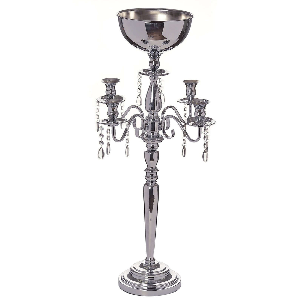 Metal Candelabra 33" 4 Arm Design Silver with Flower Vase Bowl - Table Centerpiece for Weddings