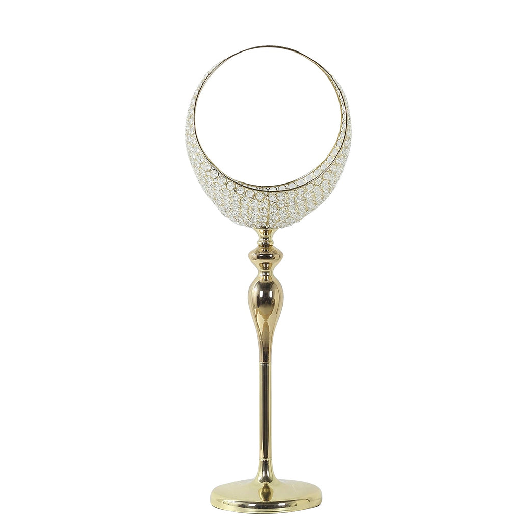 Metal Crystal Beaded Candle Holder Stand 4.5ft Tall - Half Moon Basket Design Gold Wedding Flower Centerpiece with Round Stable Base