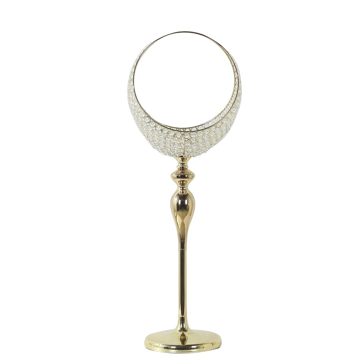 Metal Crystal Beaded Candle Holder Stand 4.5ft Tall - Half Moon Basket Design Gold Wedding Flower Centerpiece with Round Stable Base