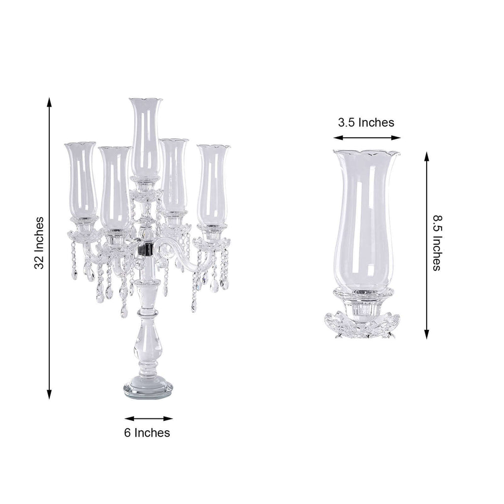 5 Arm Crystal Glass Taper Candle Holder Candelabra 32" - Stylish Table Centerpiece With Chandelier Chains