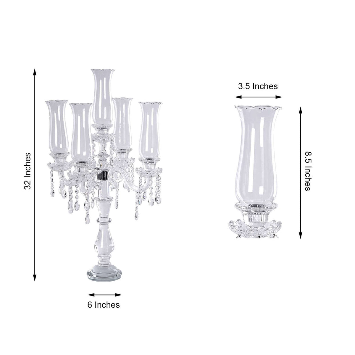 5 Arm Crystal Glass Taper Candle Holder Candelabra 32" - Stylish Table Centerpiece With Chandelier Chains