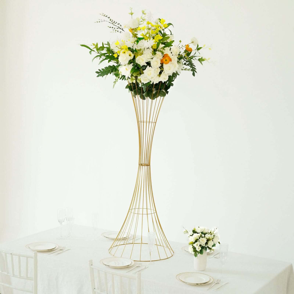 Gold Metal Wire Trumpet Shaped Flower Centerpiece Stand, Hourglass Open Frame Reversible Pedestal Prop 48" Tall