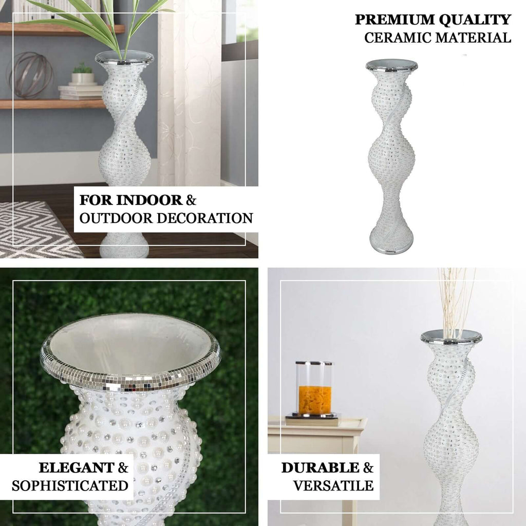 Magical Mermaid Style Mirror Mosaic and Pearl Studded Floor Vase 40"