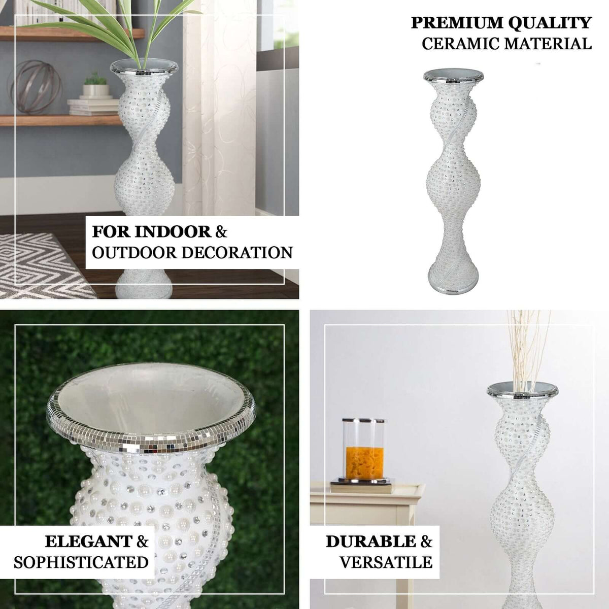 Magical Mermaid Style Mirror Mosaic and Pearl Studded Floor Vase 40"