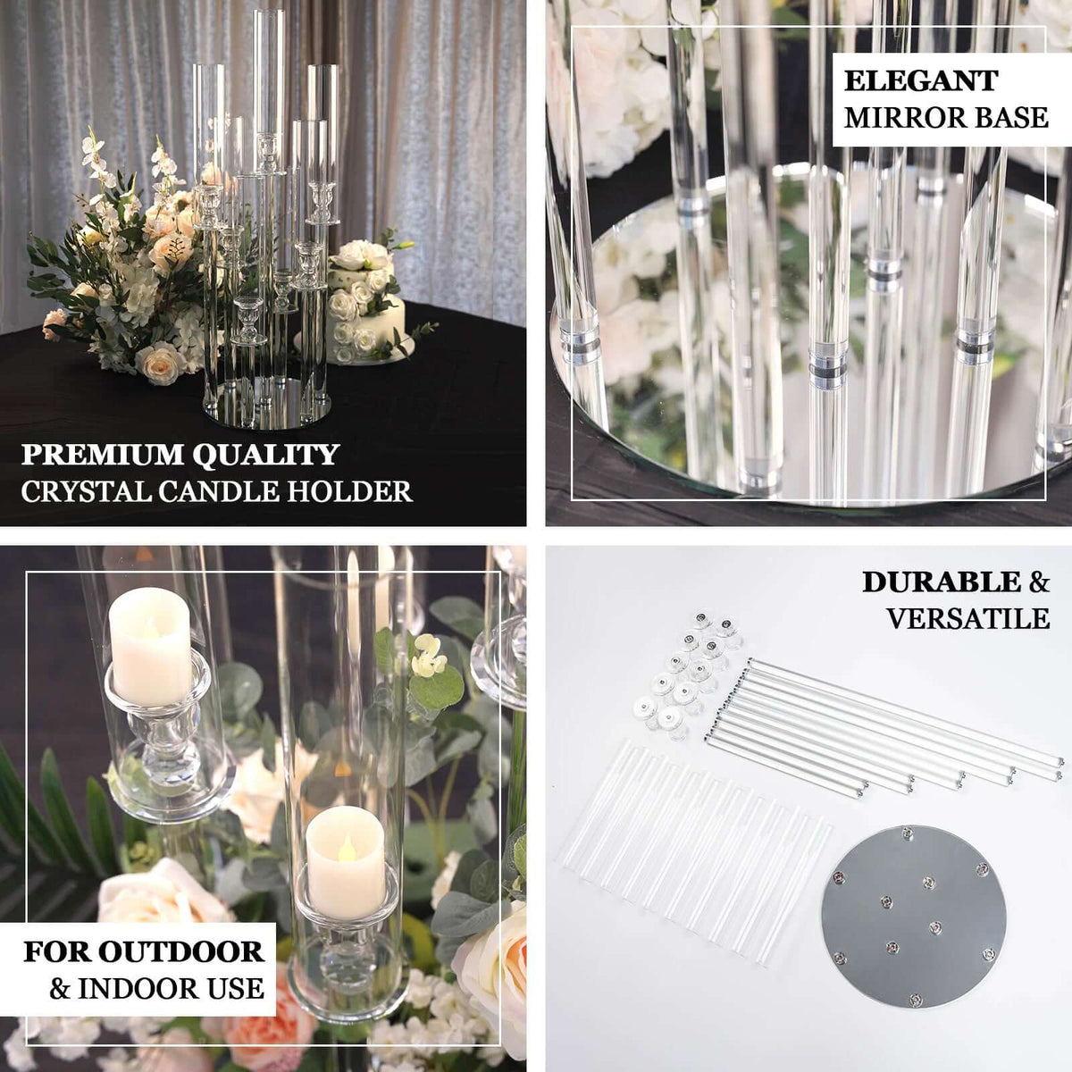 5-Arm Crystal Cluster Taper Candelabra with Round Mirror Base 51" Clear - Stylish Candle Holder Table Centerpiece for Votive & Pillar Candles