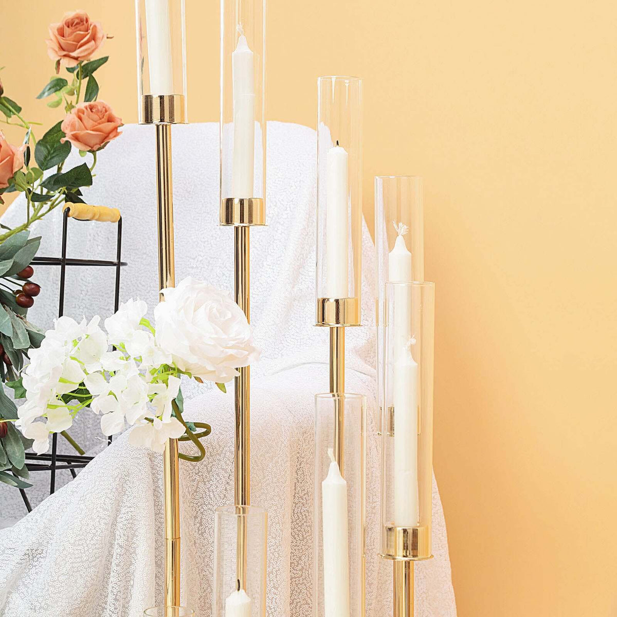 8 Arm Cluster Taper Candle Holder 42" Gold With Clear Glass Shades - Large Candle Arrangement for Sophisticated Wedding Party Event Table Centerpiece