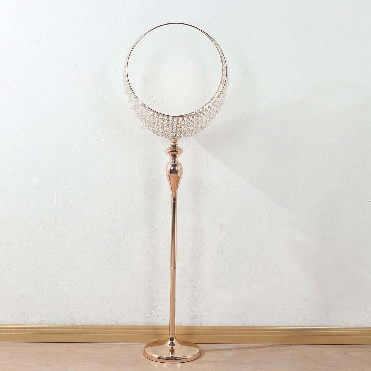 Metal Crystal Beaded Candle Holder Stand 4.5ft Tall - Half Moon Basket Design Gold Wedding Flower Centerpiece with Round Stable Base