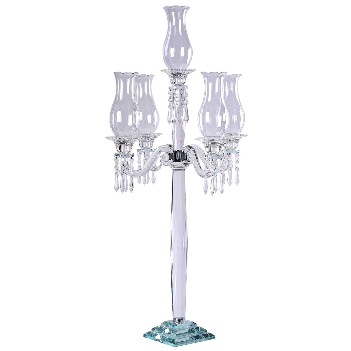 5 Arm Crystal Glass Taper Candle Holder Candelabra 40" - Luxurious Table Centerpiece With Chandelier Chains