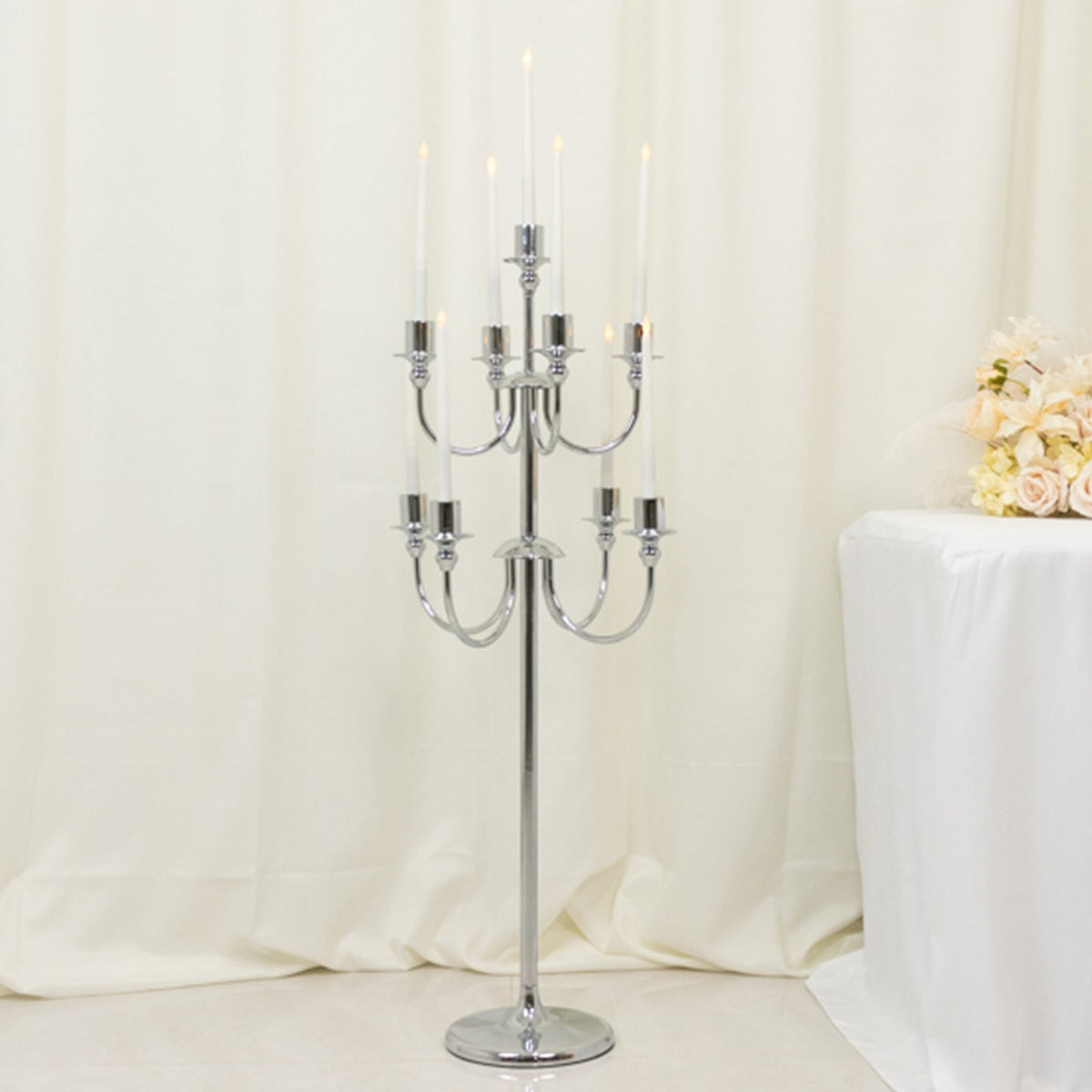 Metal Floor Candelabra Candle Holder 46" Tall - 9-Arm Silver Vintage Taper Candlestick Stand Table Centerpiece for Weddings & Parties