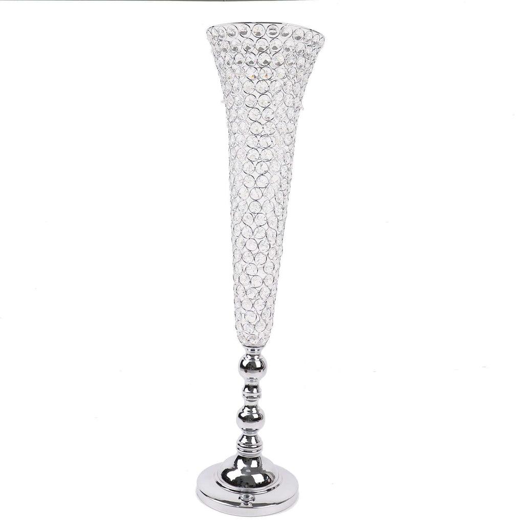 2-Pack Crystal Beaded Trumpet Vase Set 40" Silver - Table Centerpiece for Grand Occasions