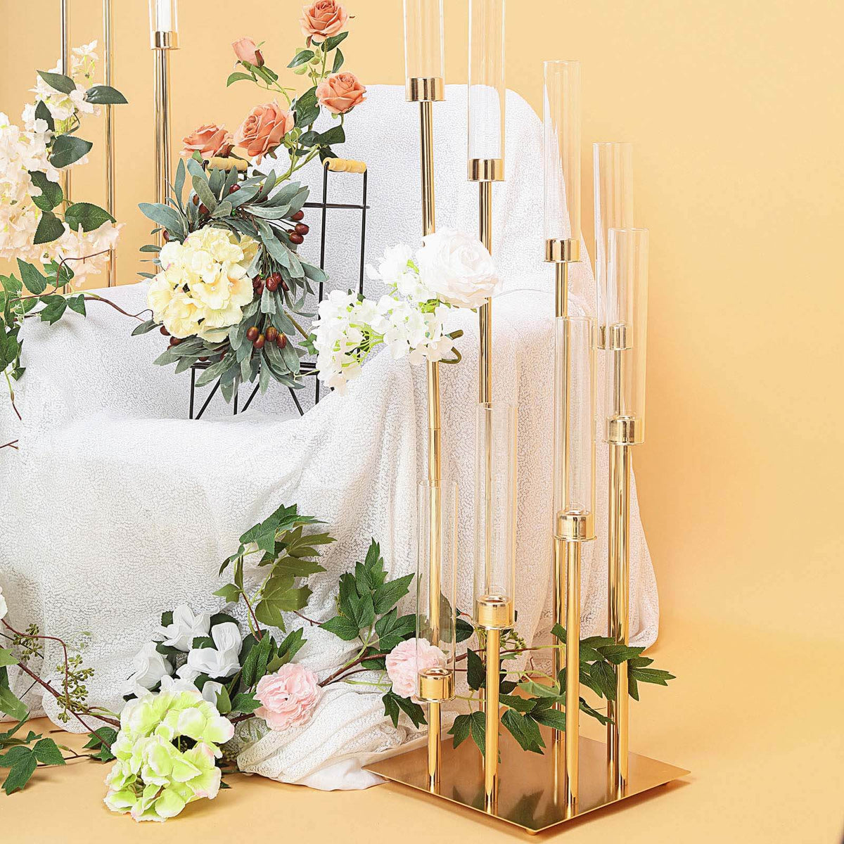 8 Arm Cluster Taper Candle Holder 42" Gold With Clear Glass Shades - Large Candle Arrangement for Sophisticated Wedding Party Event Table Centerpiece