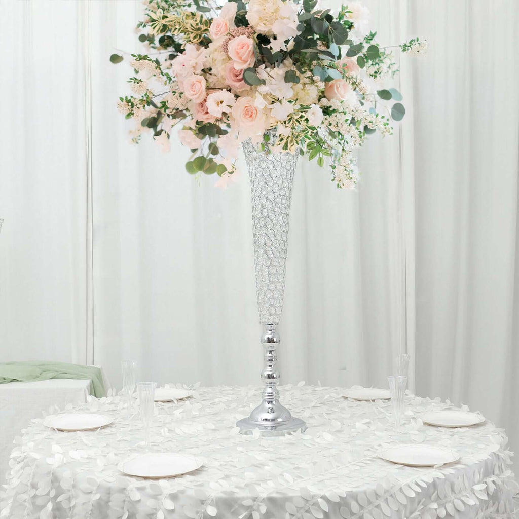2-Pack Crystal Beaded Trumpet Vase Set 40" Silver - Table Centerpiece for Grand Occasions