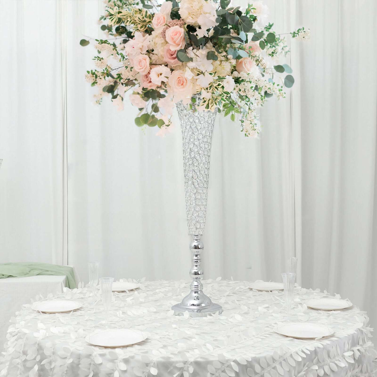 2-Pack Crystal Beaded Trumpet Vase Set 40" Silver - Table Centerpiece for Grand Occasions
