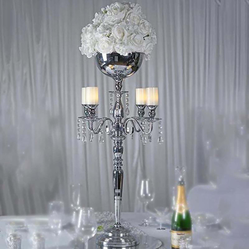 Metal Candelabra 33" 4 Arm Design Silver with Flower Vase Bowl - Table Centerpiece for Weddings