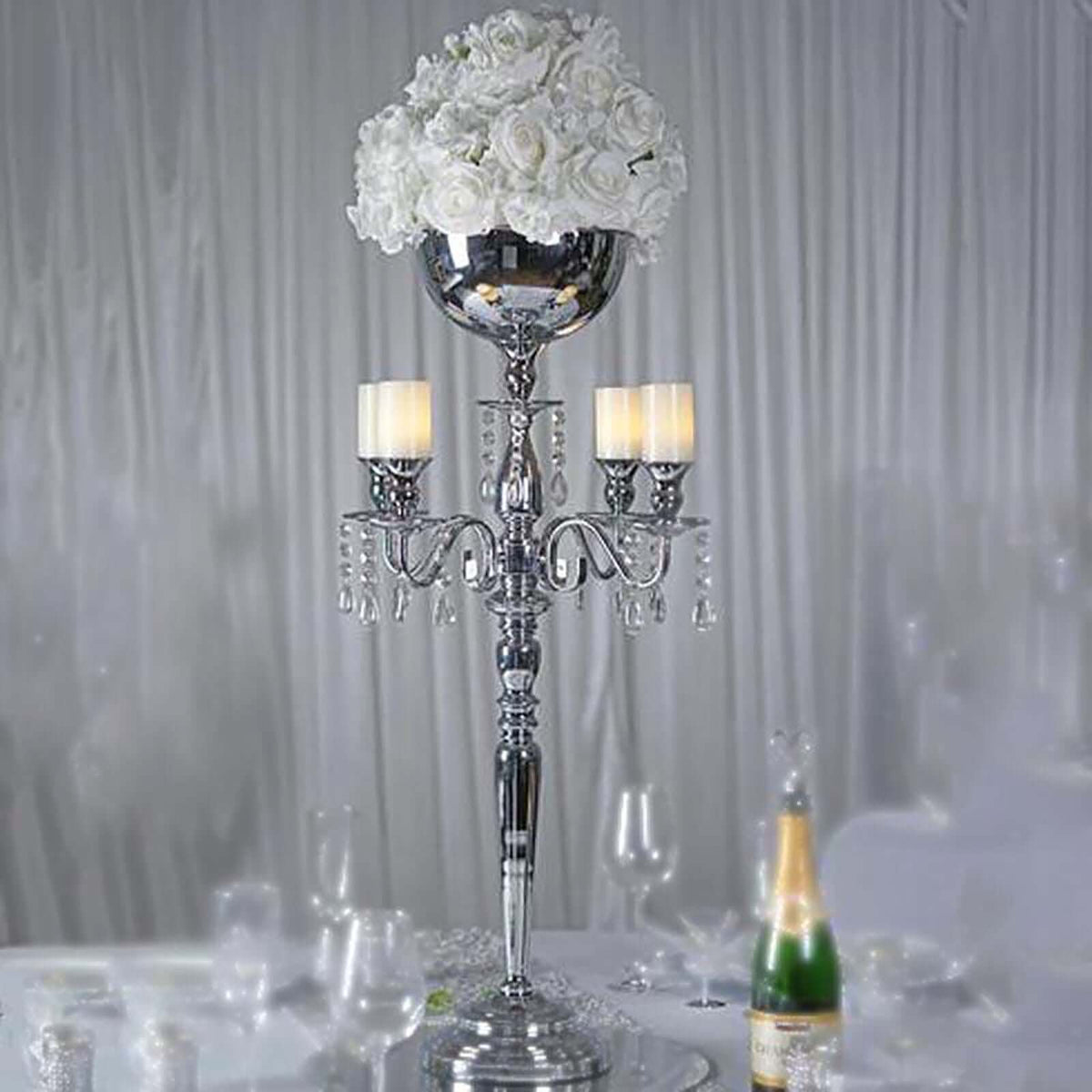 Metal Candelabra 33" 4 Arm Design Silver with Flower Vase Bowl - Table Centerpiece for Weddings