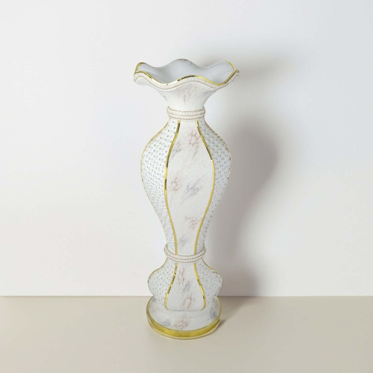 Shimmering Gold Glittered Marble Design Flower Pot Vase With Pearls and Mirror Mosaic Embellishment 40"