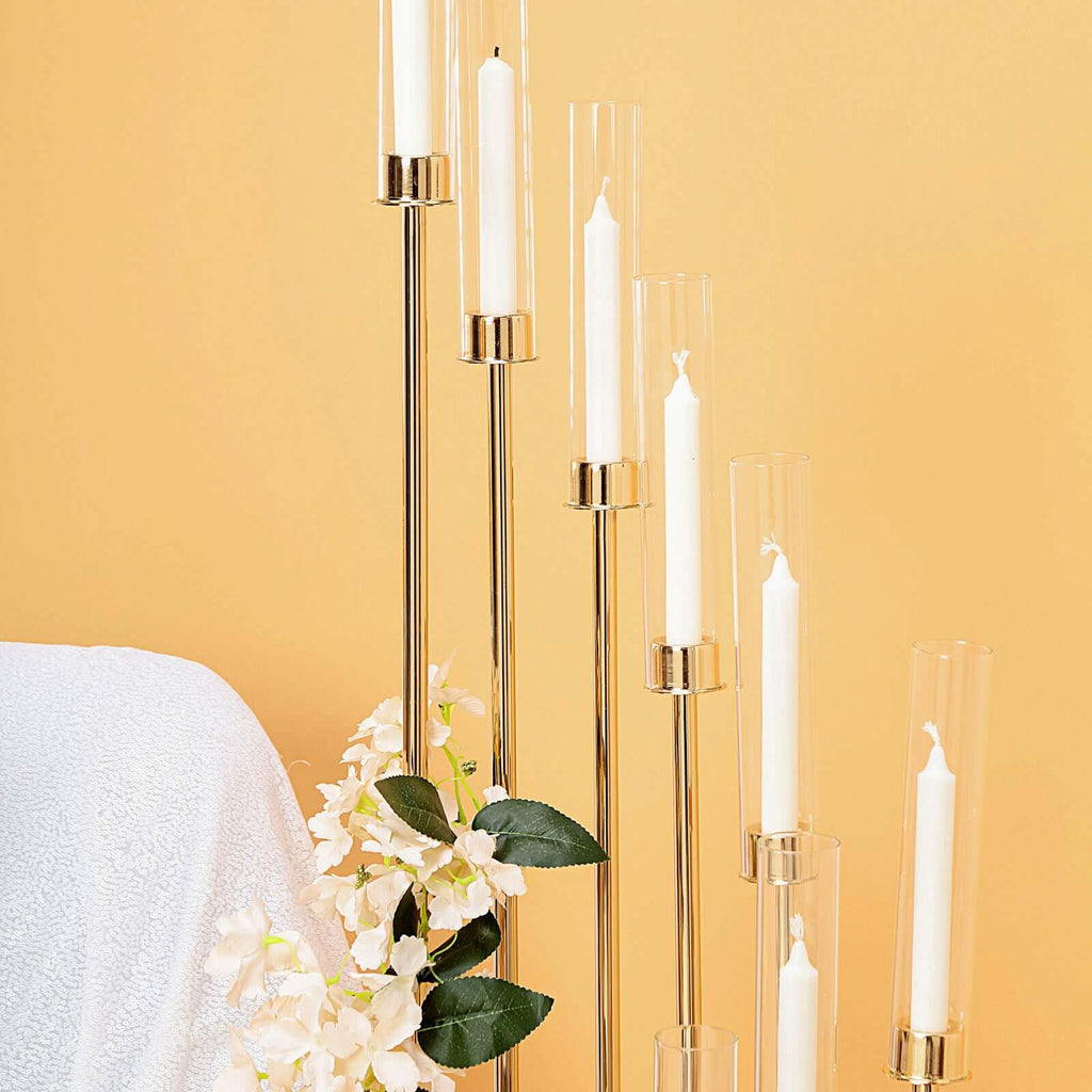 12-Arm Gold Cluster Taper Candle Holder with Clear Glass Shades 57" - Luxurious Large Candle Arrangement for Weddings