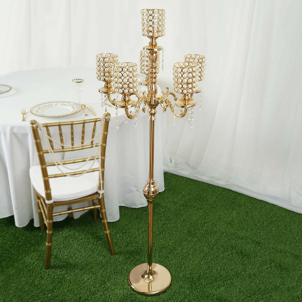 Metal Pearl Beaded Candelabra in Gold 6-Arm with Crystal Chandelier Pendants, Adjustable Table Centerpiece
