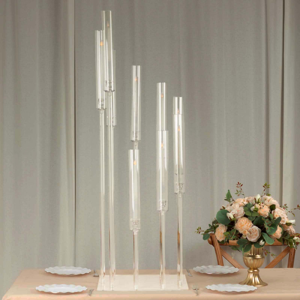 9-Arm Acrylic Cluster Taper Candelabra with Square Base 4ft Clear - Stylish Candle Holder Table Centerpiece for Pillar Candles & Events