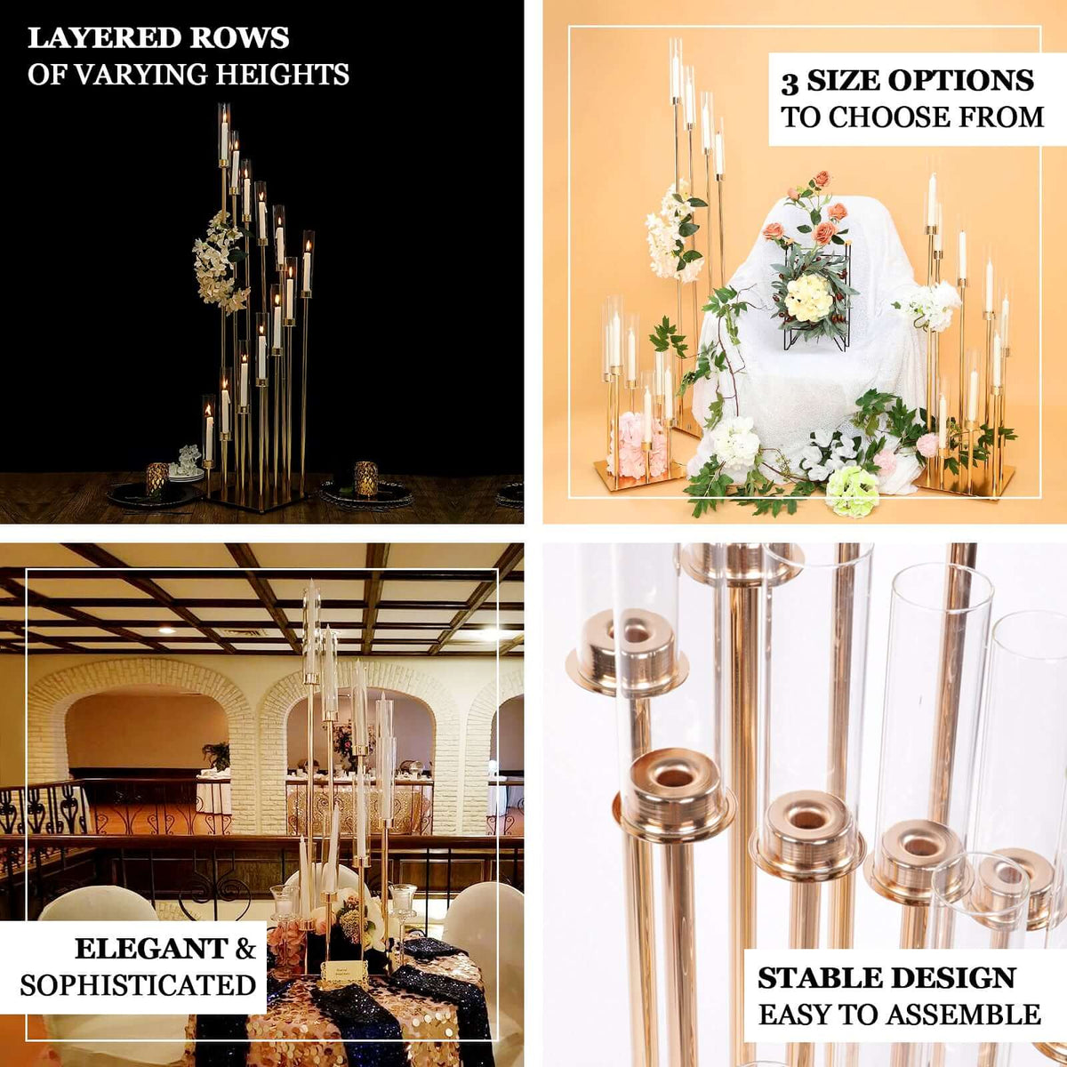 8 Arm Cluster Taper Candle Holder 42" Gold With Clear Glass Shades - Large Candle Arrangement for Sophisticated Wedding Party Event Table Centerpiece