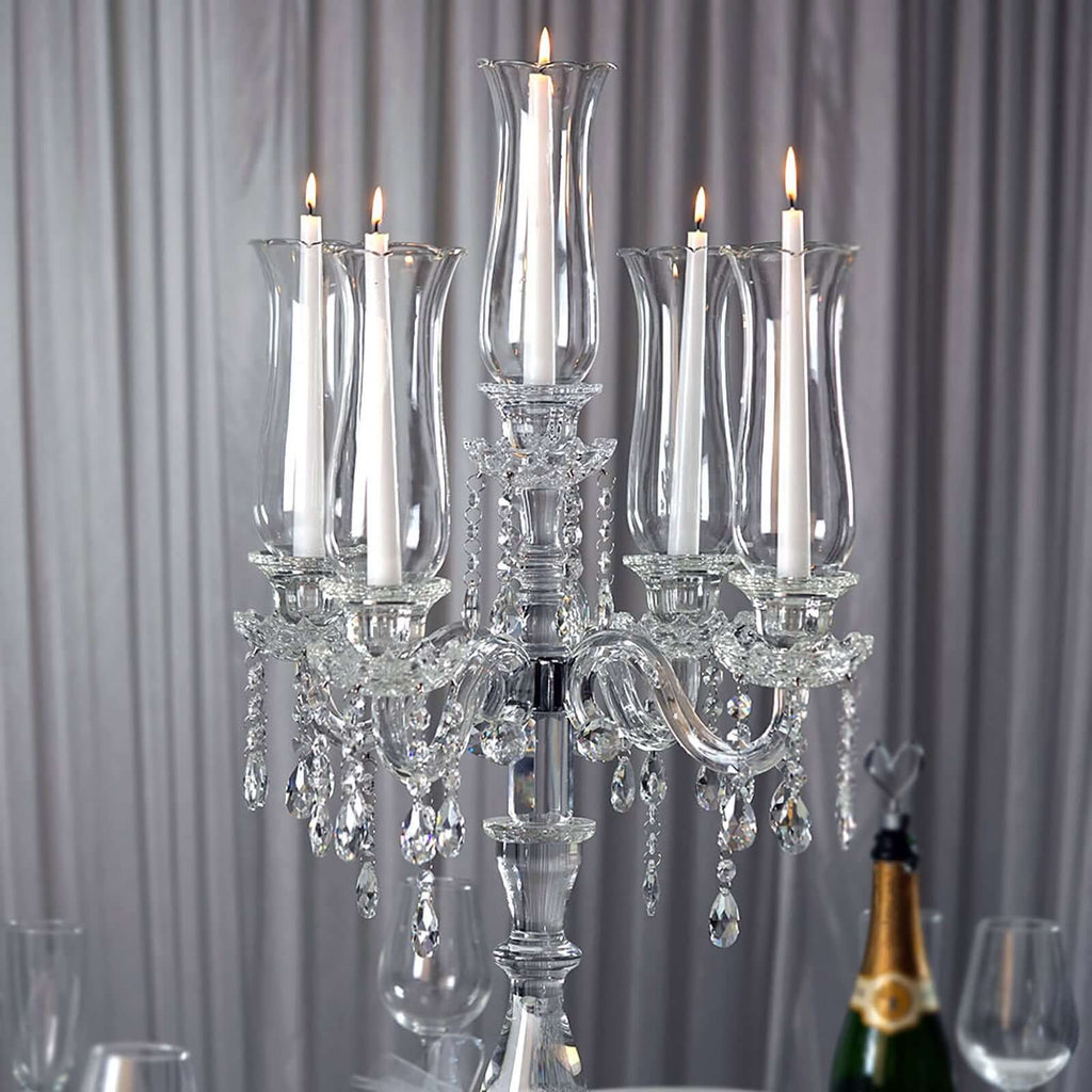 5 Arm Crystal Glass Taper Candle Holder Candelabra 32" - Stylish Table Centerpiece With Chandelier Chains