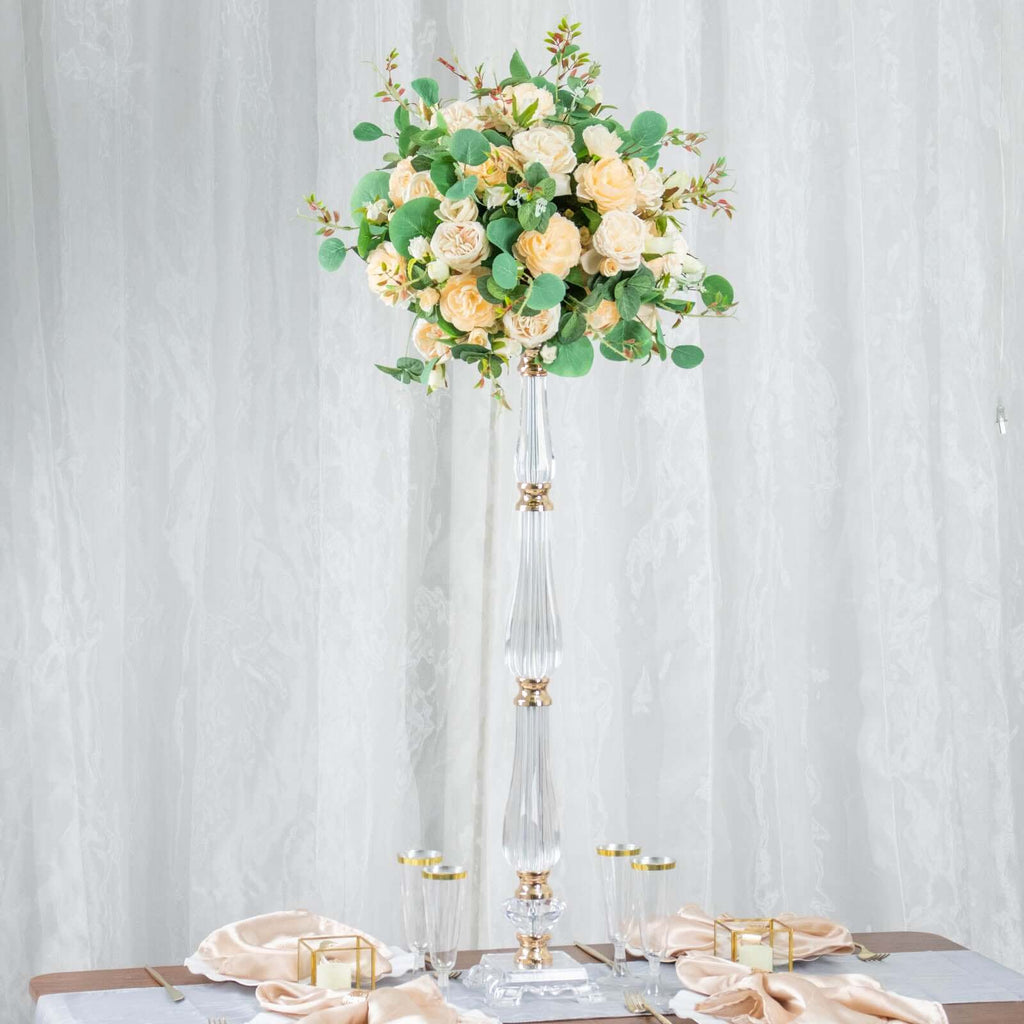 Acrylic Crystal Pillar Candle Stand 32" Gold/Clear - Table Centerpiece and Wedding Flower Bowl Pedestal
