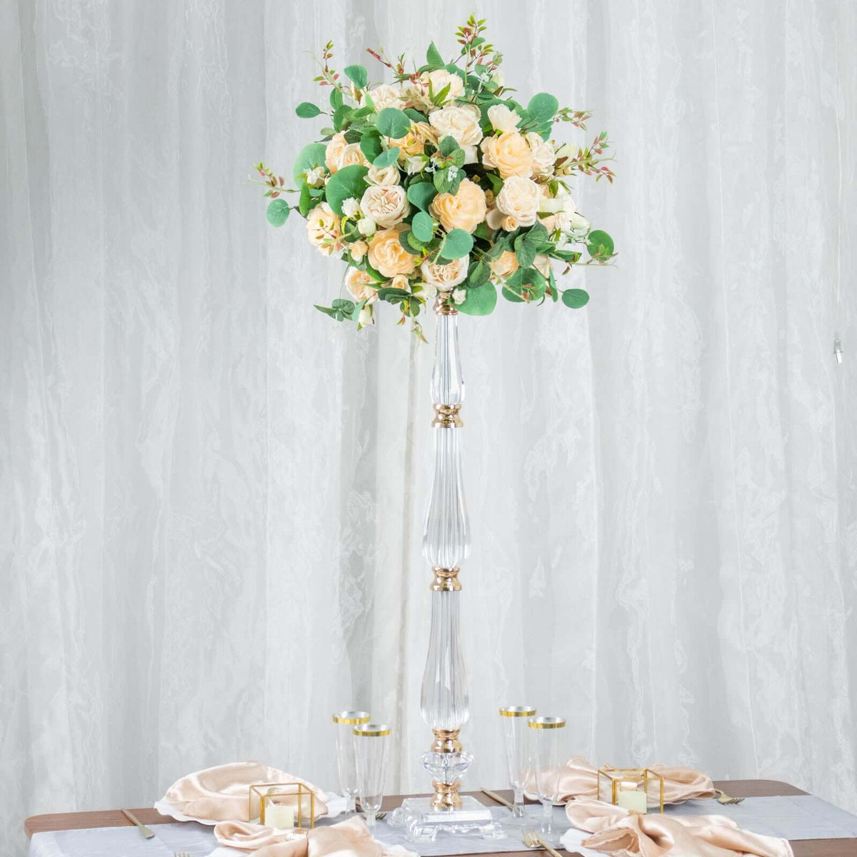 Acrylic Crystal Pillar Candle Stand 32" Gold/Clear - Table Centerpiece and Wedding Flower Bowl Pedestal
