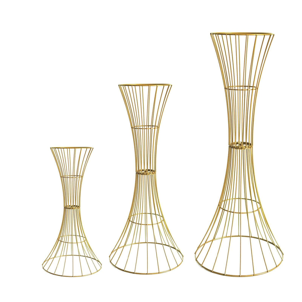 Gold Metal Wire Trumpet Shaped Flower Centerpiece Stand, Hourglass Open Frame Reversible Pedestal Prop 48" Tall