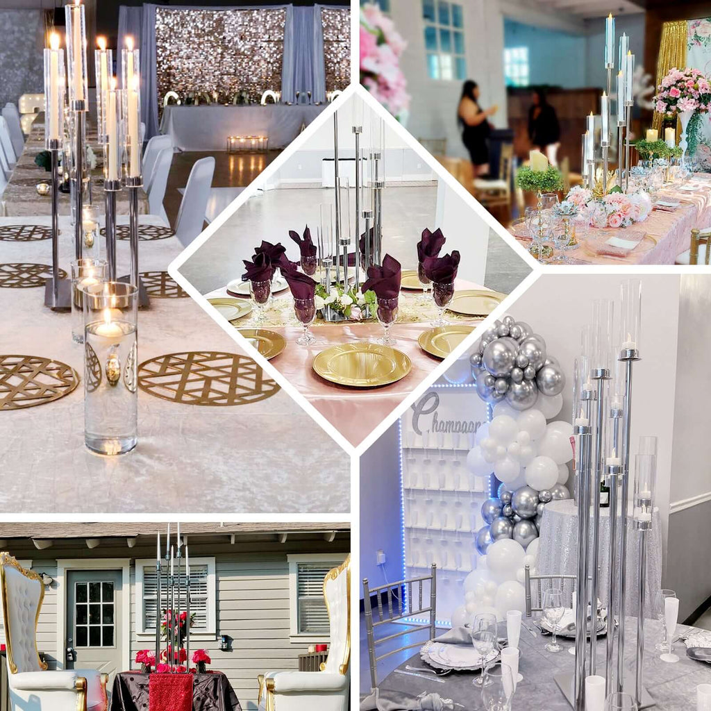 8 Arm Cluster Taper Candle Holder 42" Silver With Clear Glass Shades - Large Candle Arrangement