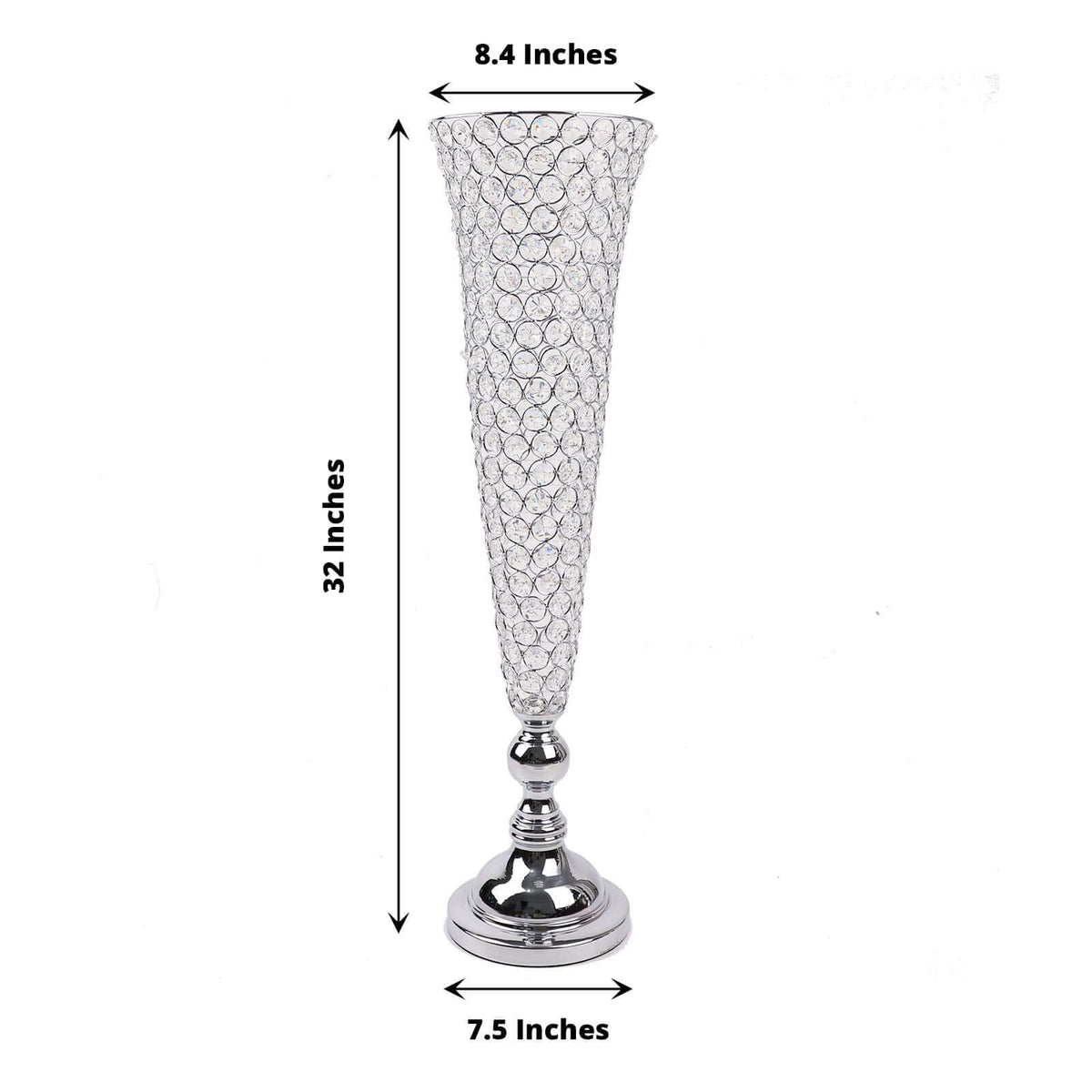 2-Pack Crystal Beaded Trumpet Vase Set 32" Silver - Table Centerpiece for Weddings and Events