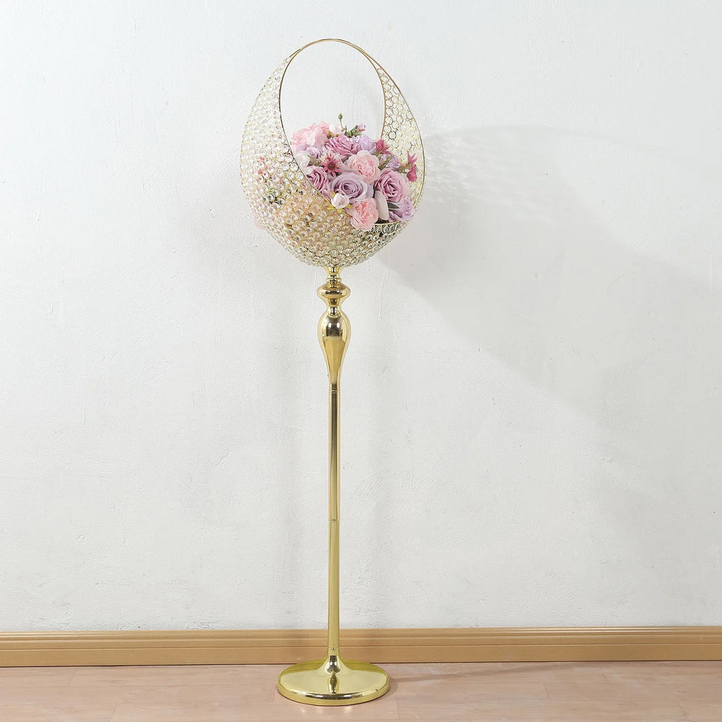 Metal Crystal Beaded Candle Holder Stand 4.5ft Tall - Half Moon Basket Design Gold Wedding Flower Centerpiece with Round Stable Base