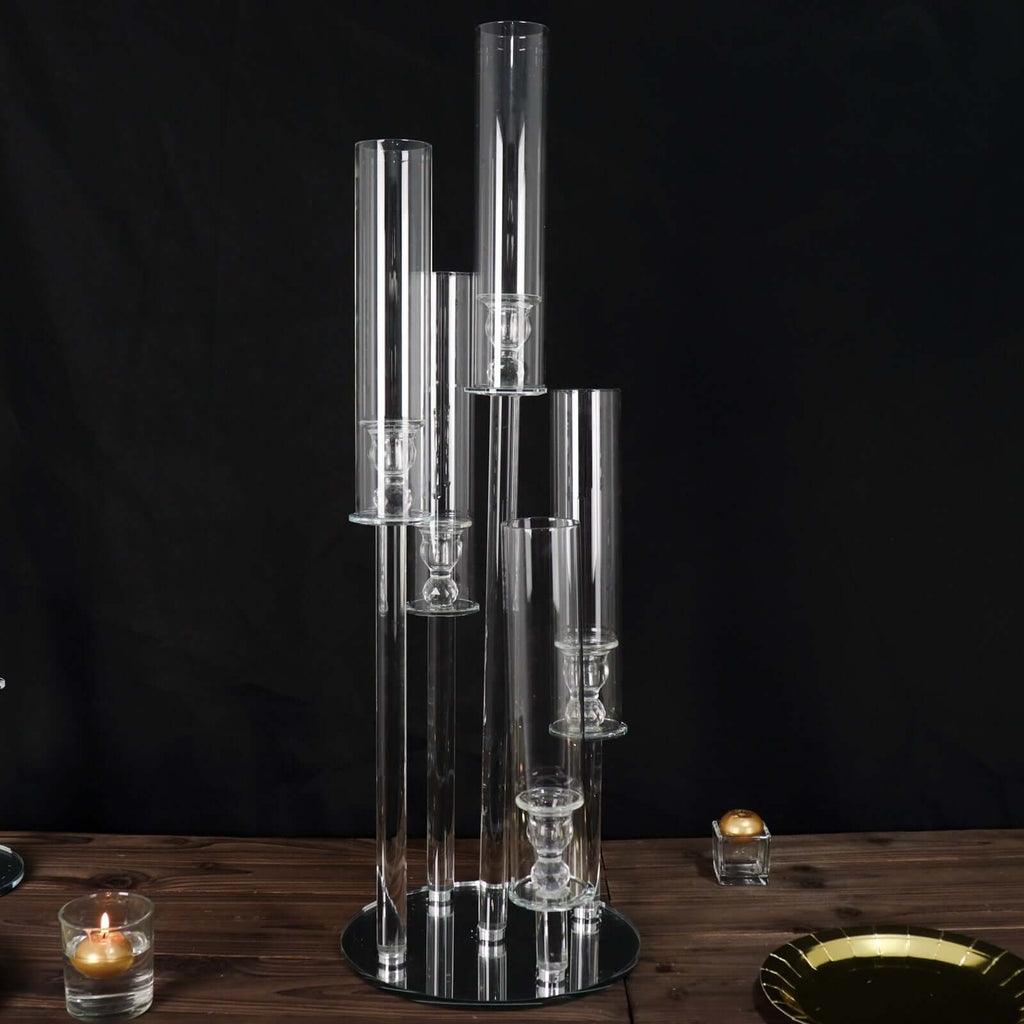 5-Arm Crystal Glass Candelabra Round Taper Design 32" Clear - Stylish Candle Holder Table Centerpiece