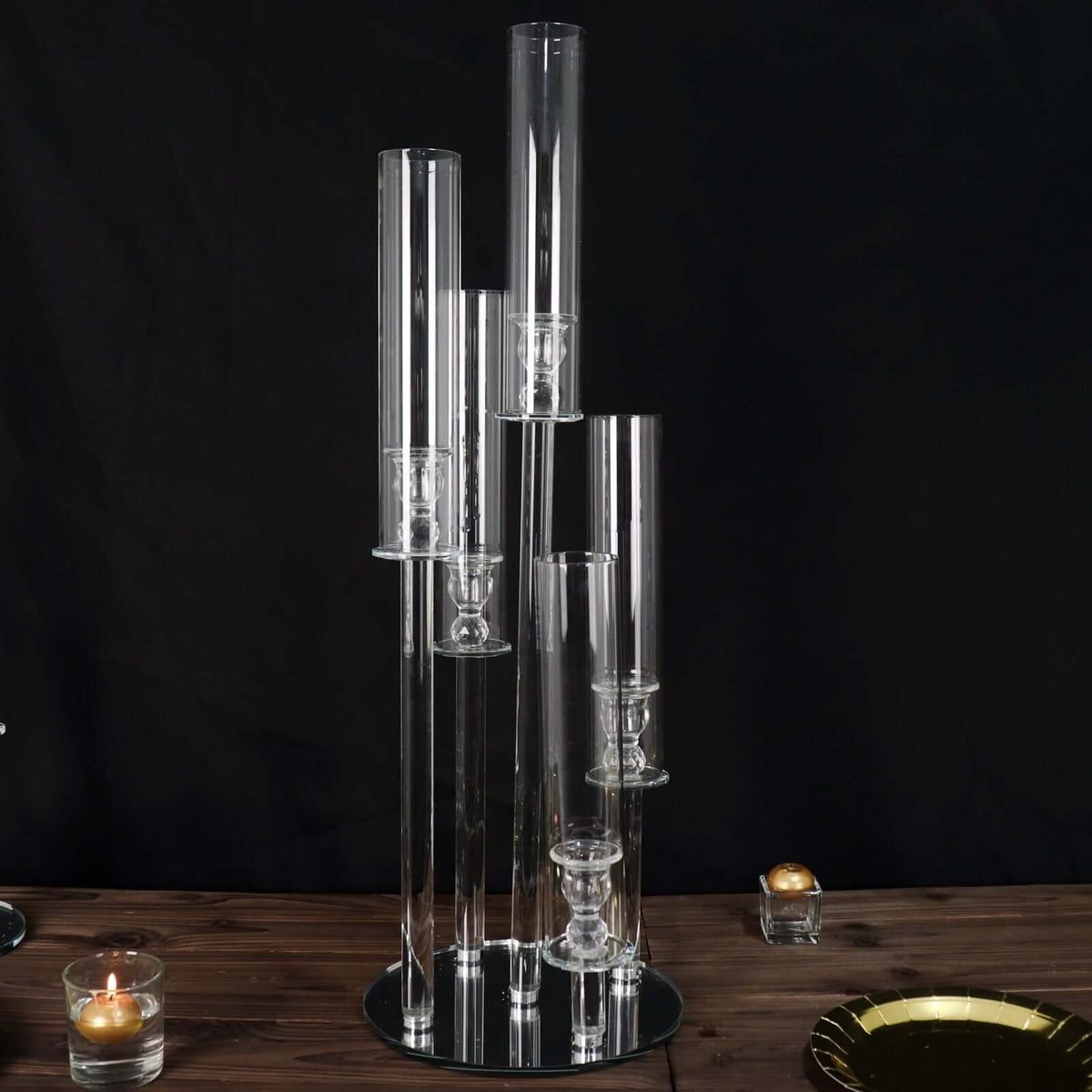 5-Arm Crystal Glass Candelabra Round Taper Design 32" Clear - Stylish Candle Holder Table Centerpiece