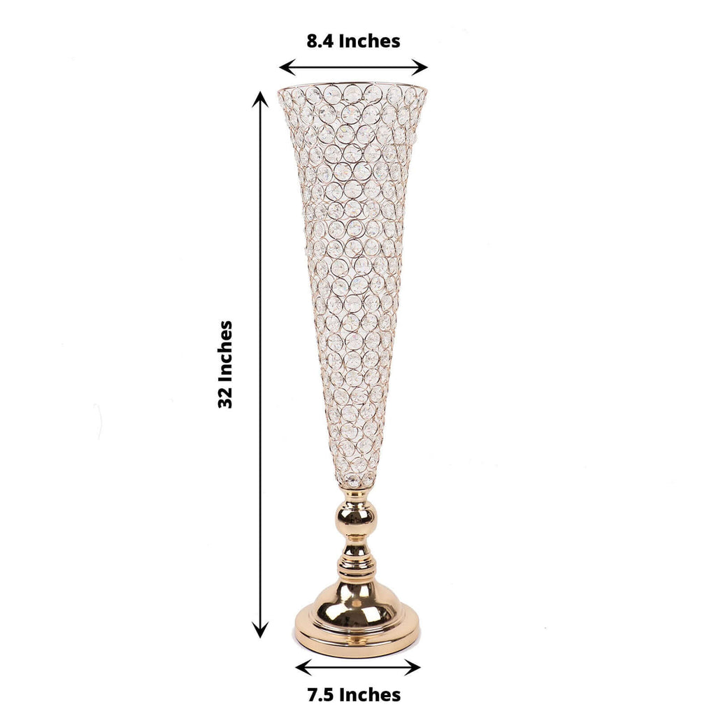 2-Pack Crystal Beaded Trumpet Vase Set 32" Gold - Table Centerpiece for Weddings and Events