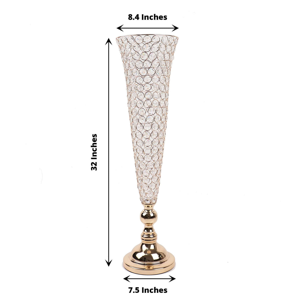 2-Pack Crystal Beaded Trumpet Vase Set 32" Gold - Table Centerpiece for Weddings and Events