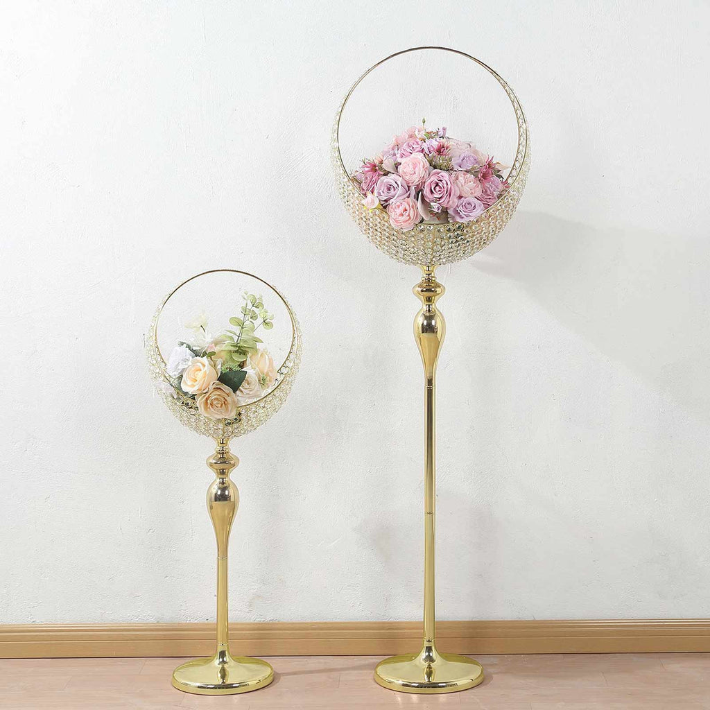 Metal Crystal Beaded Candle Holder Stand 3ft Tall - Half Moon Basket Design Gold Wedding Flower Centerpiece with Round Stable Base