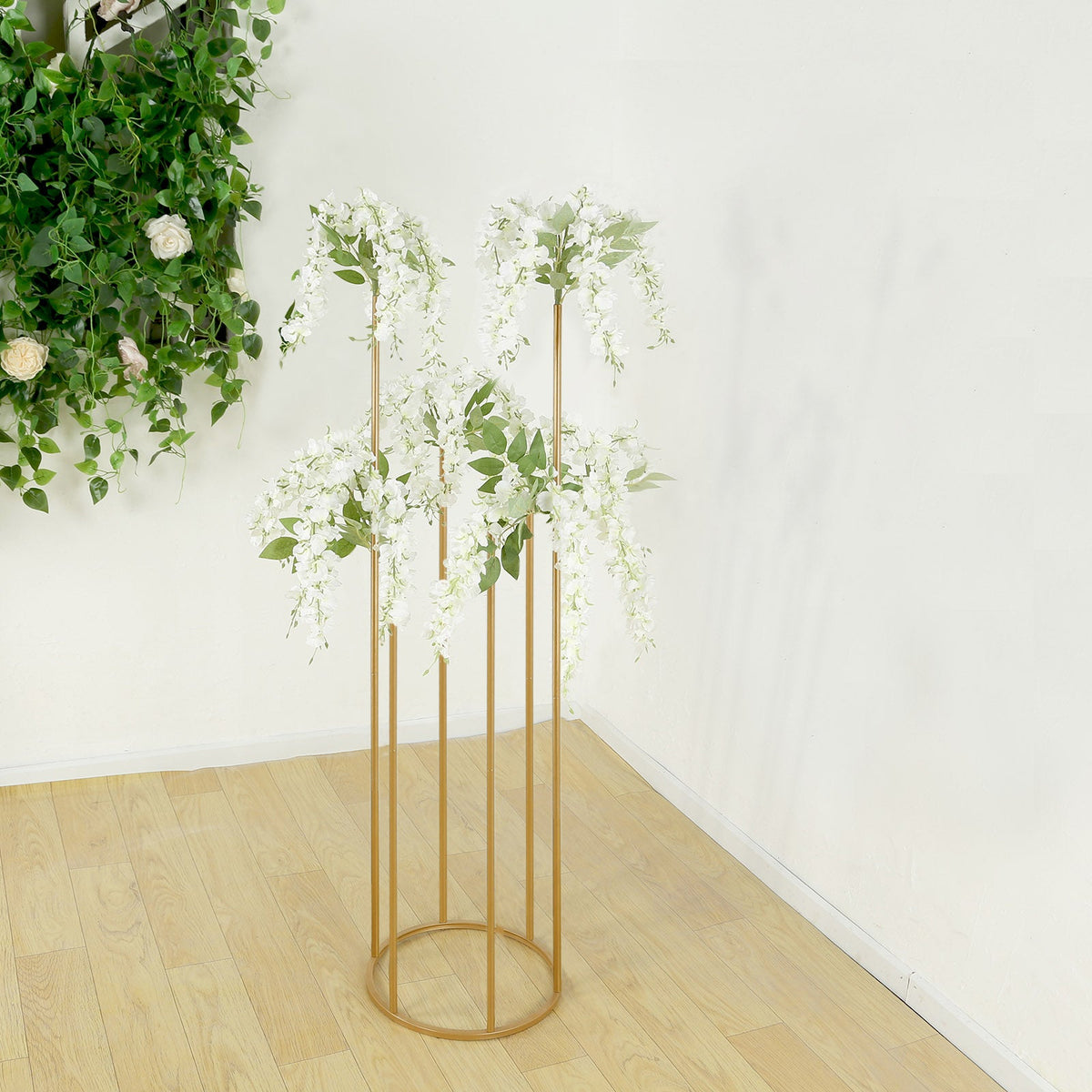 Gold Metal Flower Centerpiece 4ft 6-Tubes Minimalist Round Base Design - Single Stem Bud Vase for Floral Arrangements