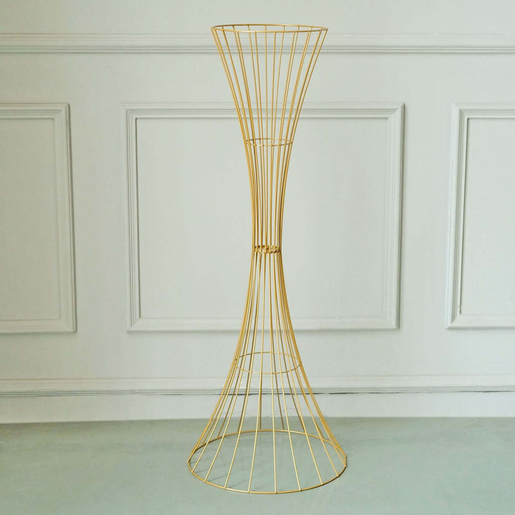 Gold Metal Wire Trumpet Shaped Flower Centerpiece Stand, Hourglass Open Frame Reversible Pedestal Prop 48" Tall
