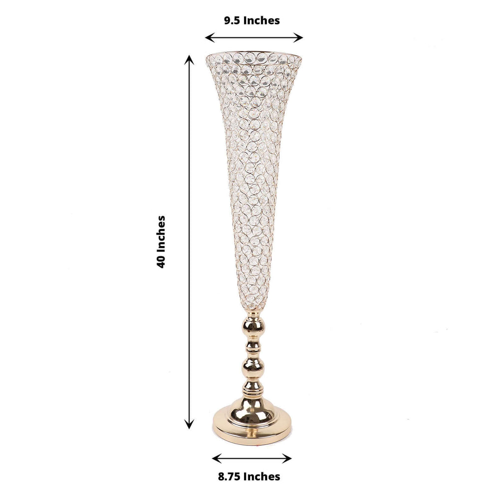 2-Pack Crystal Beaded Trumpet Vase Set 40" Gold - Table Centerpiece for Grand Occasions