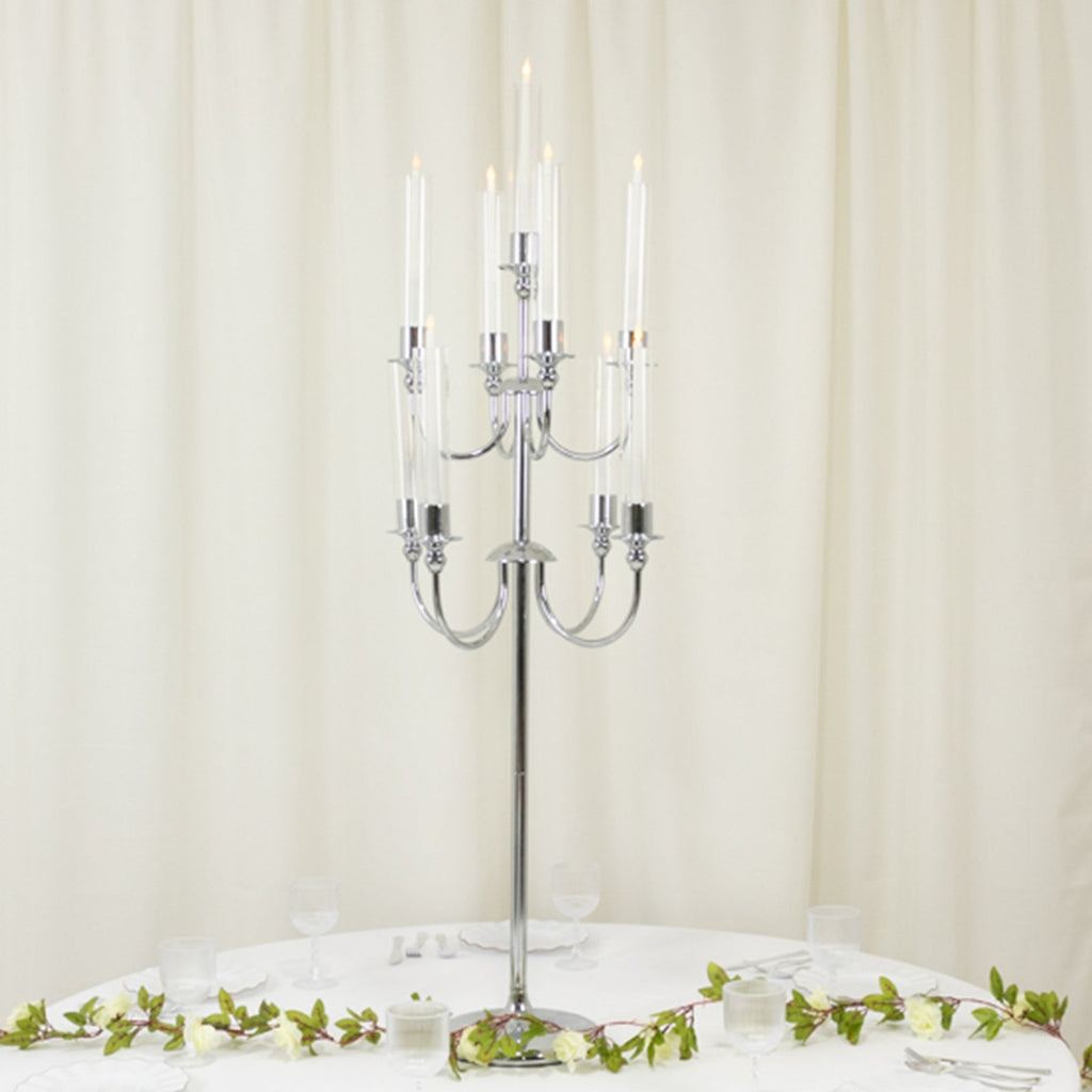 Metal Floor Candelabra Candle Holder 46" Tall - 9-Arm Silver Vintage Taper Candlestick Stand Table Centerpiece for Weddings & Parties