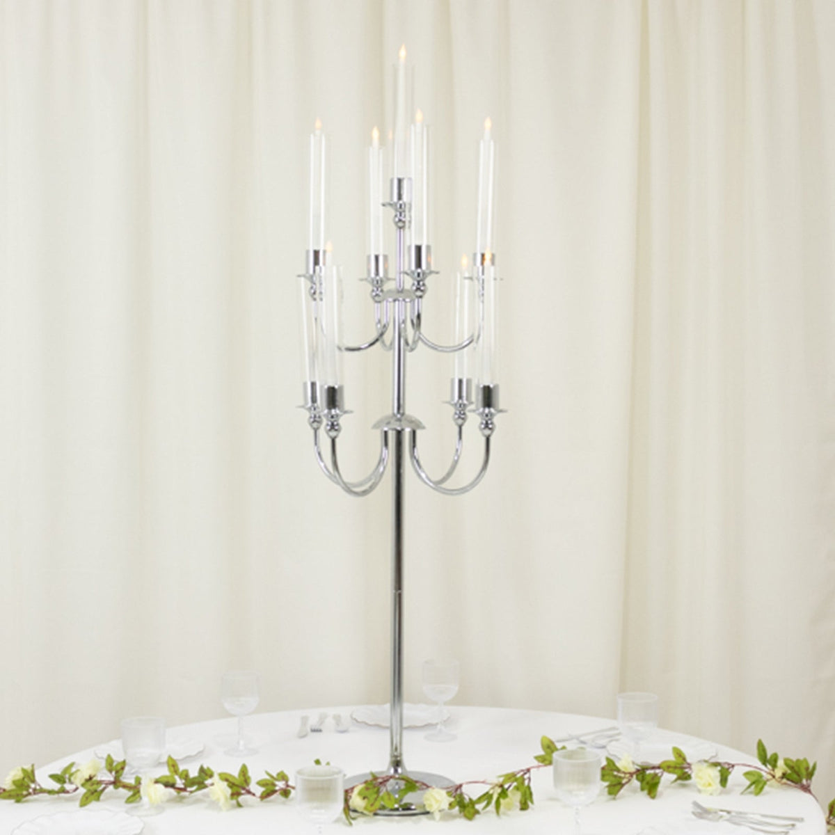 Metal Floor Candelabra Candle Holder 46" Tall - 9-Arm Silver Vintage Taper Candlestick Stand Table Centerpiece for Weddings & Parties
