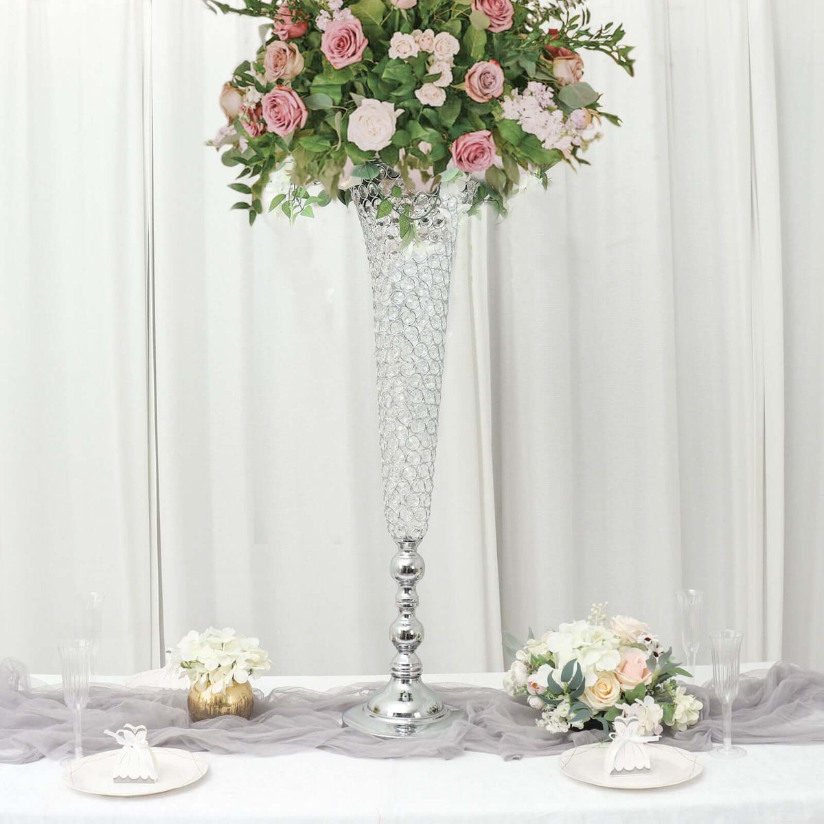 2-Pack Crystal Beaded Trumpet Vase Set 40" Silver - Table Centerpiece for Grand Occasions