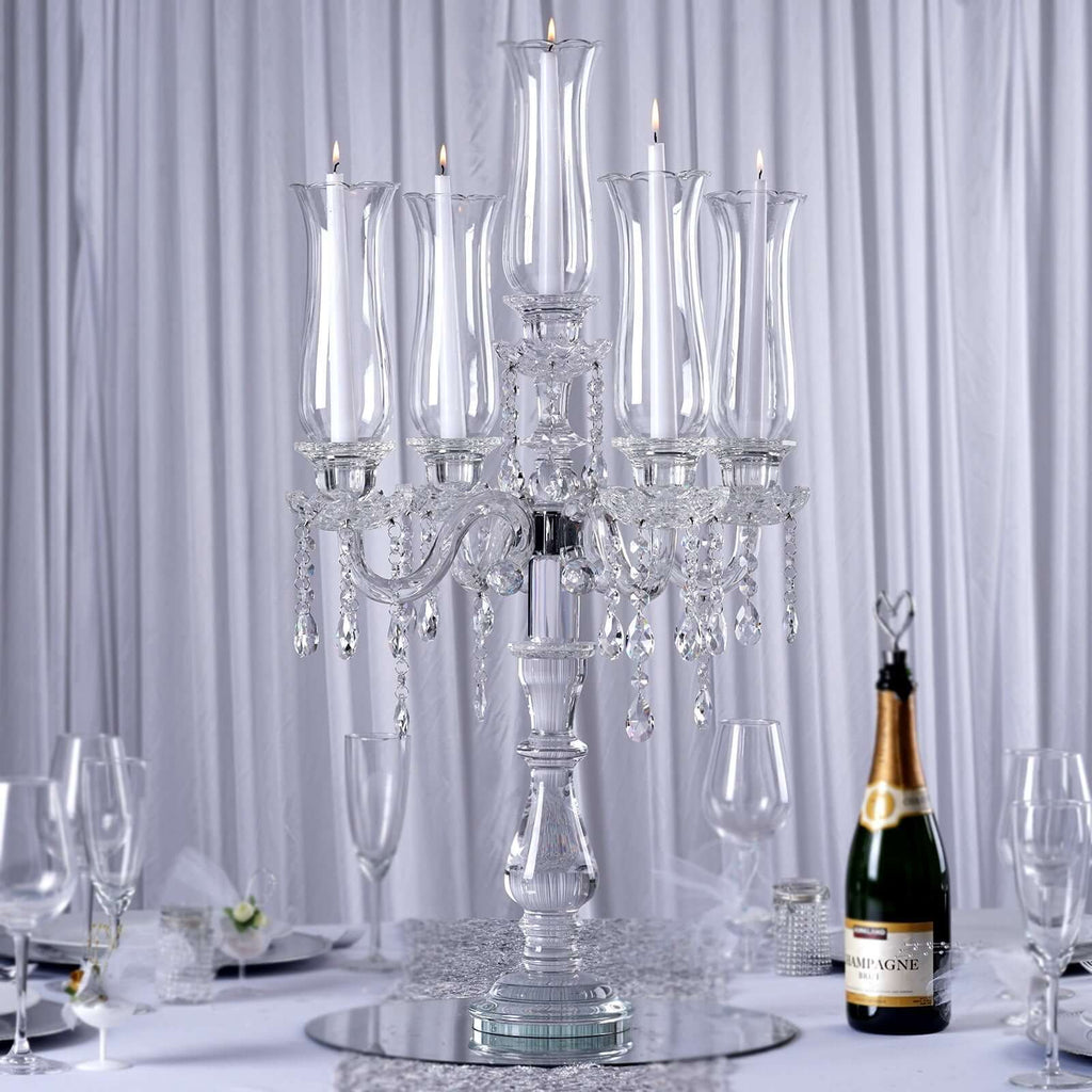 5 Arm Crystal Glass Taper Candle Holder Candelabra 32" - Stylish Table Centerpiece With Chandelier Chains