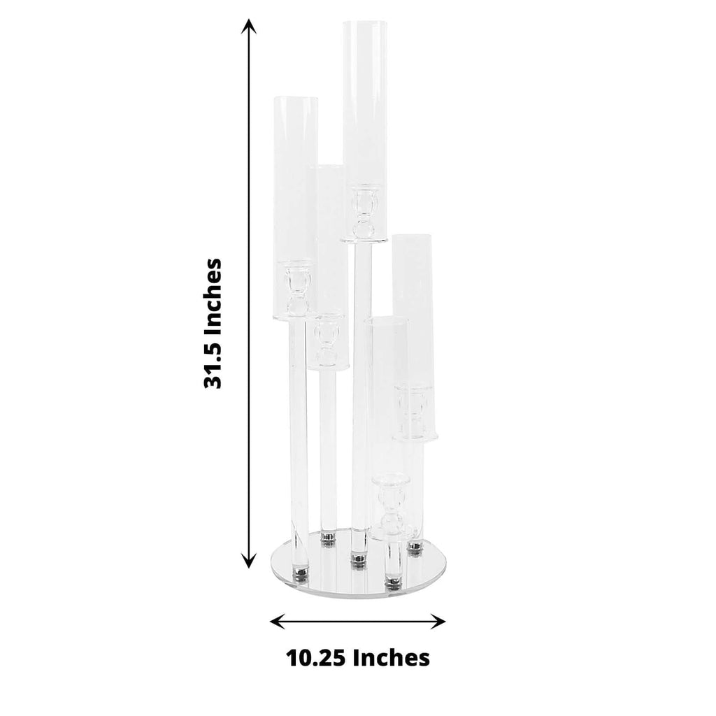 5-Arm Crystal Glass Candelabra Round Taper Design 32" Clear - Stylish Candle Holder Table Centerpiece