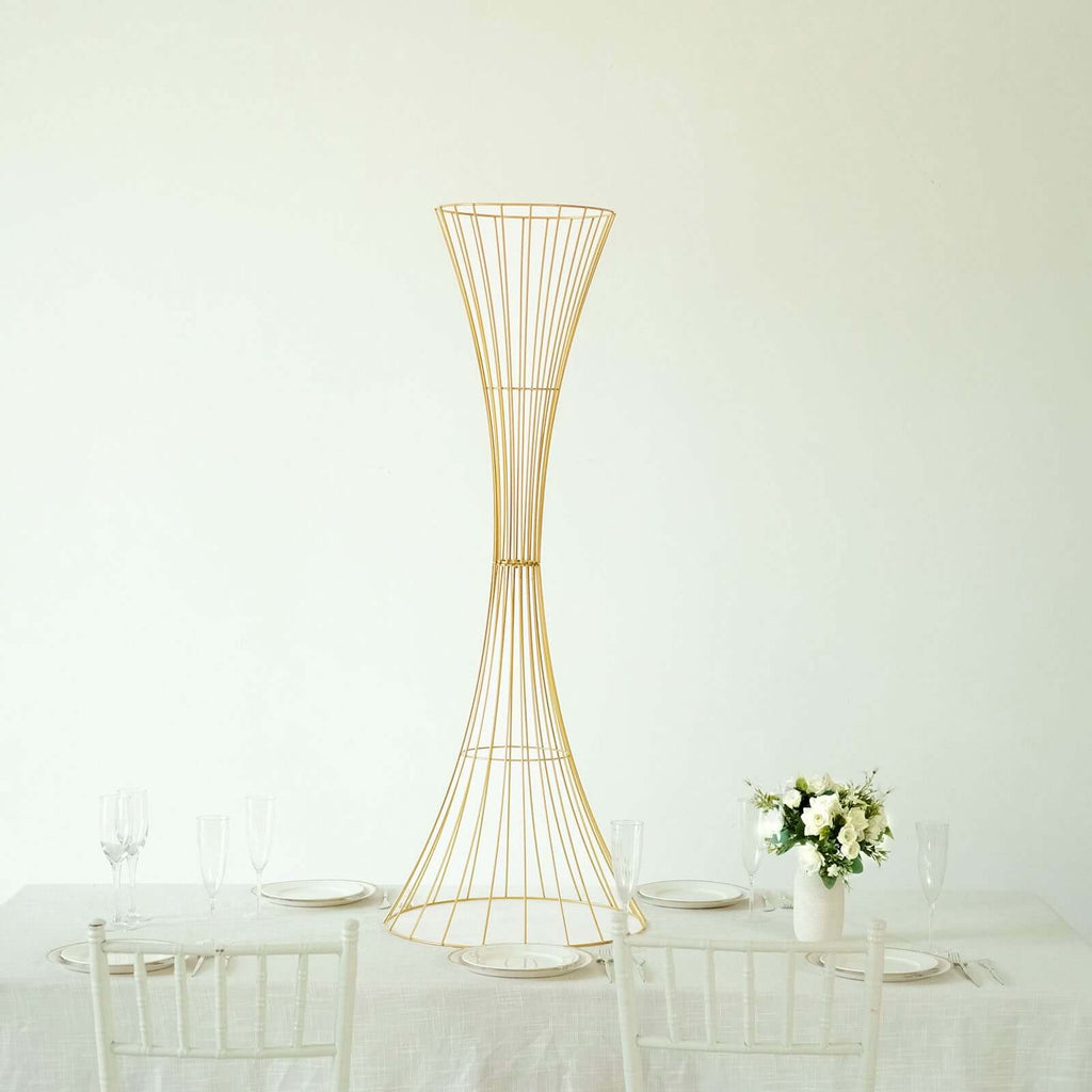 Gold Metal Wire Trumpet Shaped Flower Centerpiece Stand, Hourglass Open Frame Reversible Pedestal Prop 48" Tall