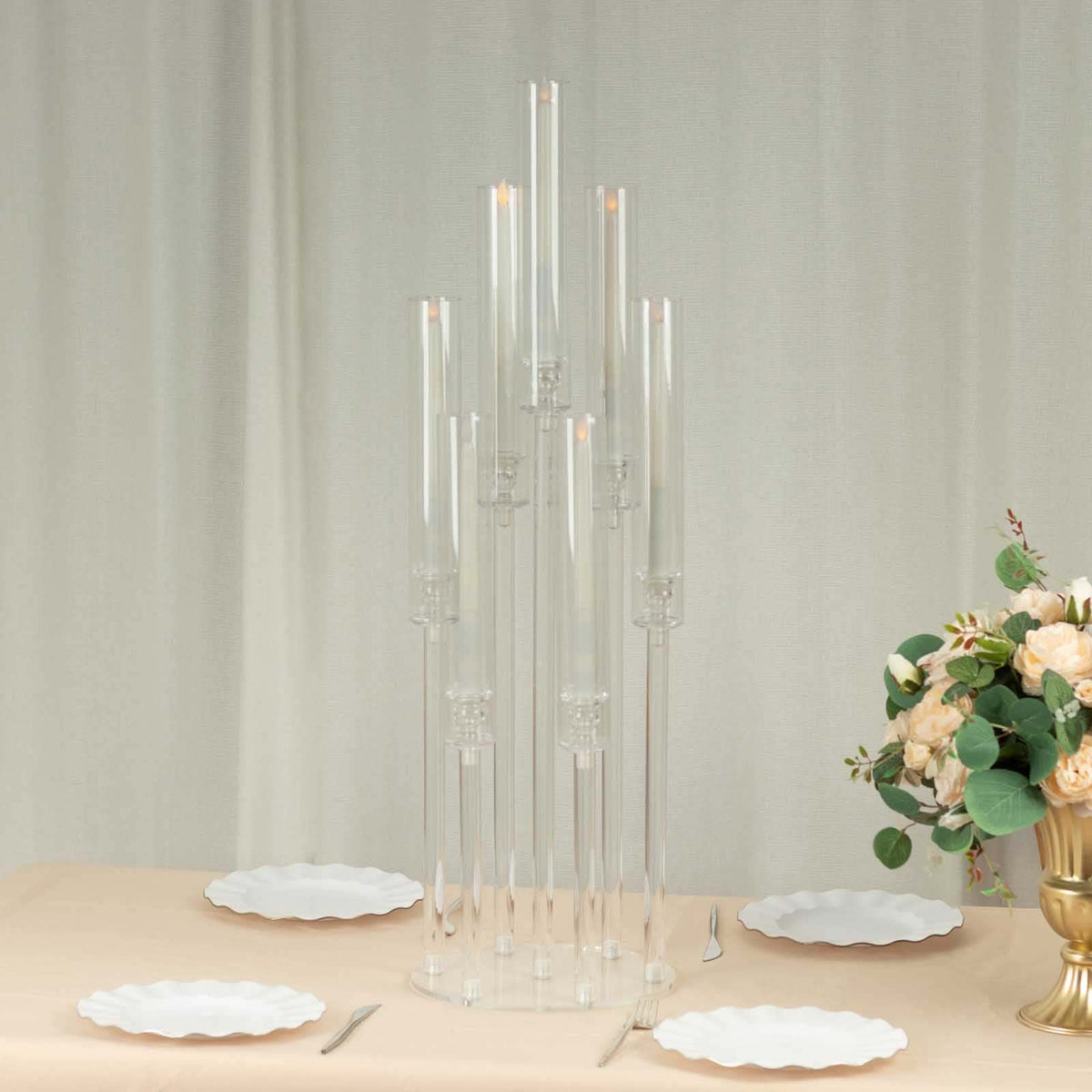 7-Arm Acrylic Cluster Round Taper Candelabra with Circular Base 33" Clear - Sophisticated Pillar Candle Holder Table Centerpiece for Events