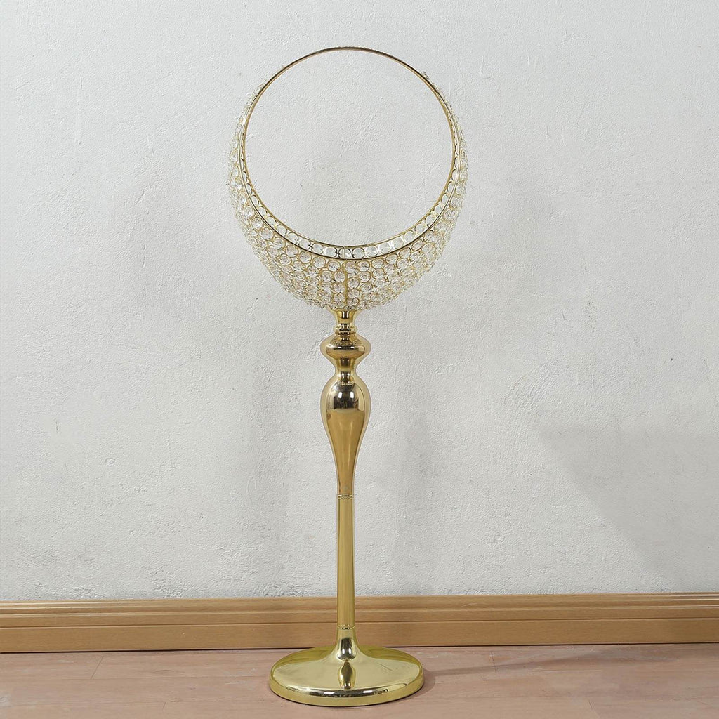 Metal Crystal Beaded Candle Holder Stand 3ft Tall - Half Moon Basket Design Gold Wedding Flower Centerpiece with Round Stable Base