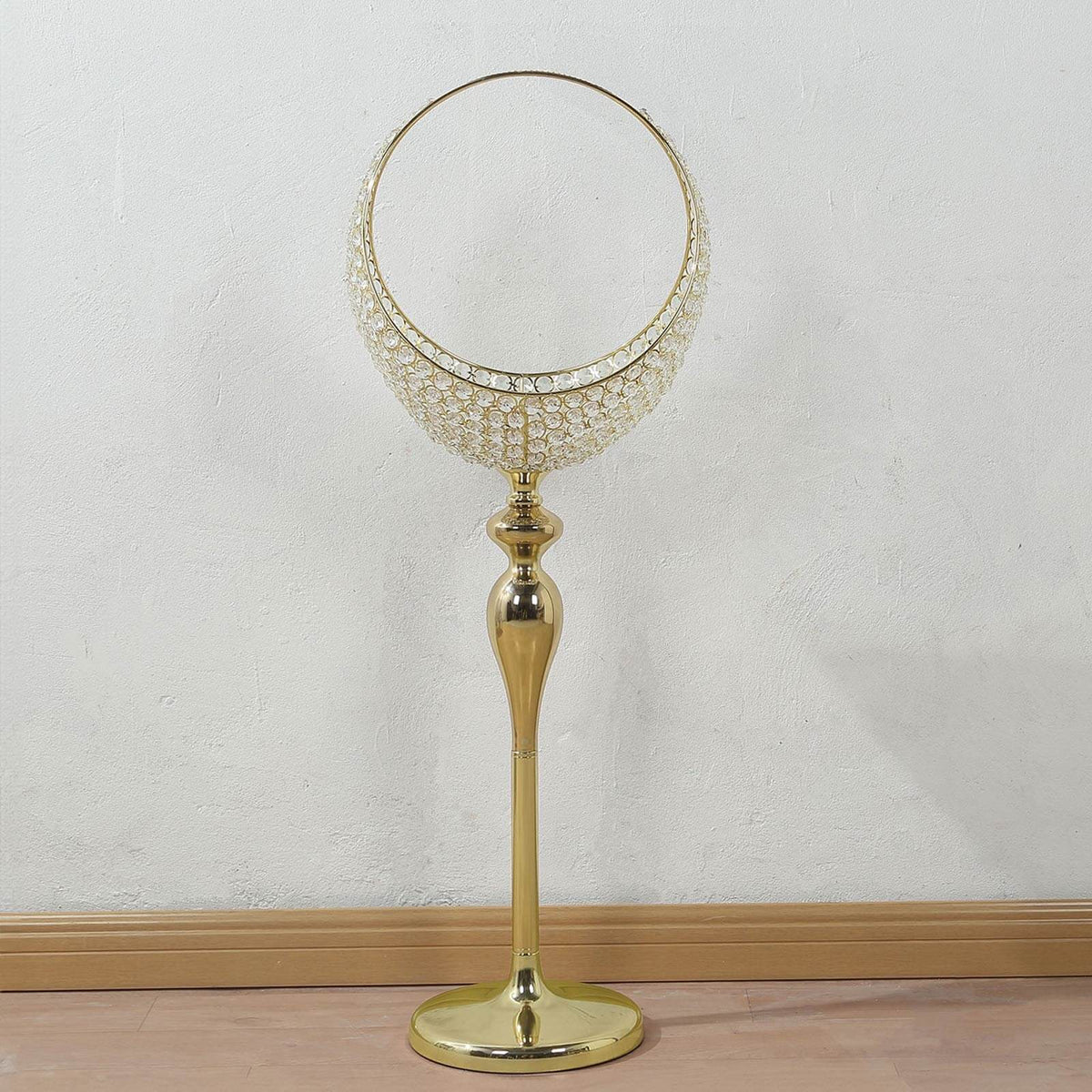 Metal Crystal Beaded Candle Holder Stand 3ft Tall - Half Moon Basket Design Gold Wedding Flower Centerpiece with Round Stable Base