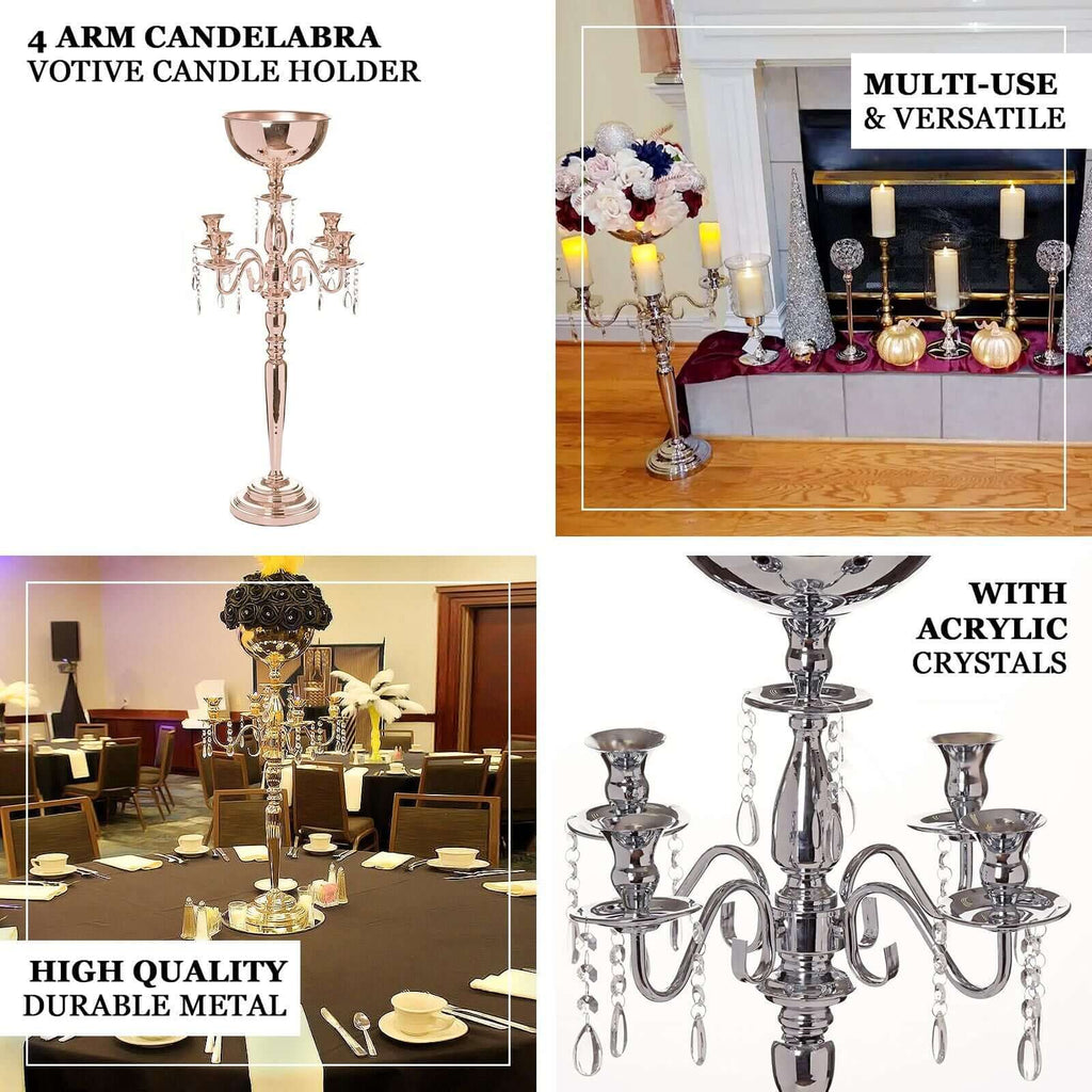 Metal Candelabra 33" 4 Arm Design Silver with Flower Vase Bowl - Table Centerpiece for Weddings