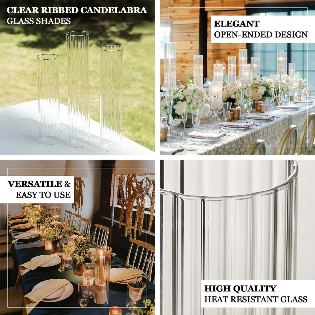 2-Pack Ribbed Glass Candelabra Shades Open End Hurricane Design 20" Clear - Sleek Table Centerpiece for Stylish Decor